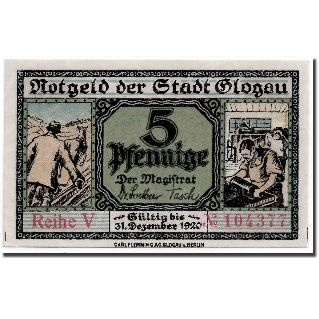 Nota, Alemanha, Glogau Stadt, 5 Pfennig, château, 1920, 1921-12-31, UNC(63)