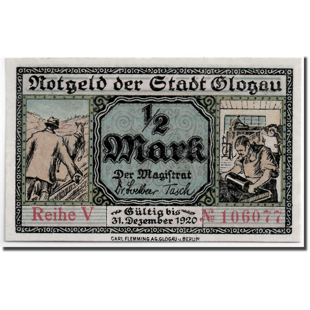 Banknot, Niemcy, Glogau Stadt, 1/2 Mark, Monument, 1920, 1921-12-31, UNC(63)