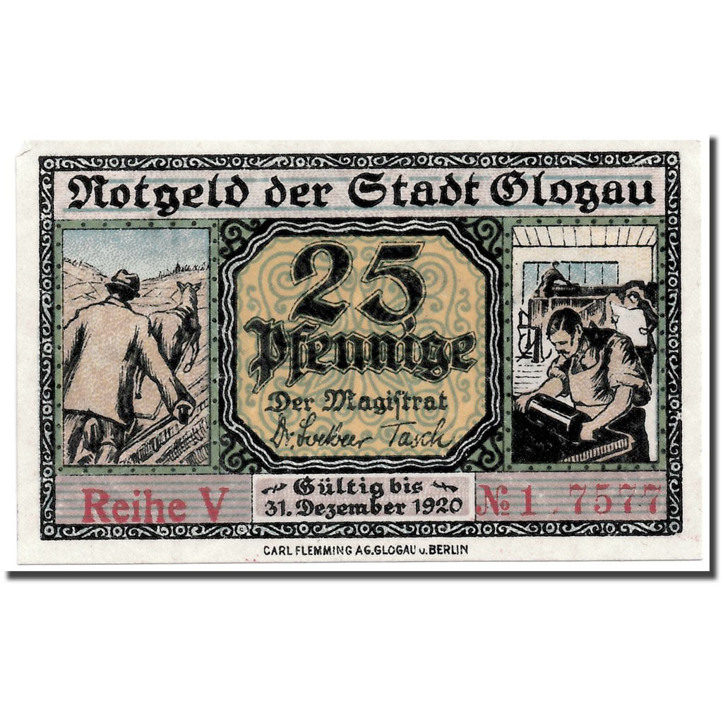 Banknot, Niemcy, Glogau Stadt, 25 Pfennig, Monument, 1920, 1921-12-31, UNC(63)