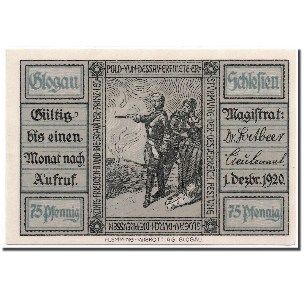 Banknot, Niemcy, Glogau Stadt, 75 Pfennig, soldat, 1920, 1921-12-31, UNC(63)