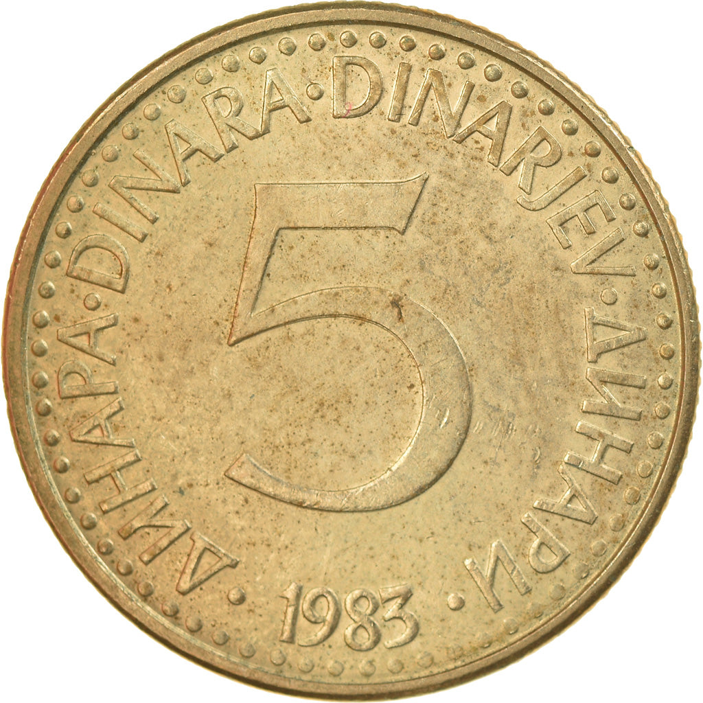 Coin, Yugoslavia, 5 Dinara, 1983, AU(50-53), Nickel-brass, KM:88