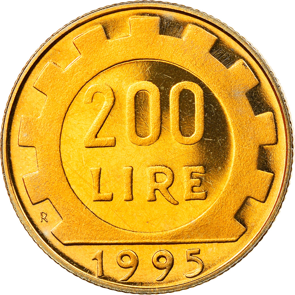 Coin, Italy, 200 Lire, 1995, Rome, Proof, MS(65-70), Aluminum-Bronze, KM:105