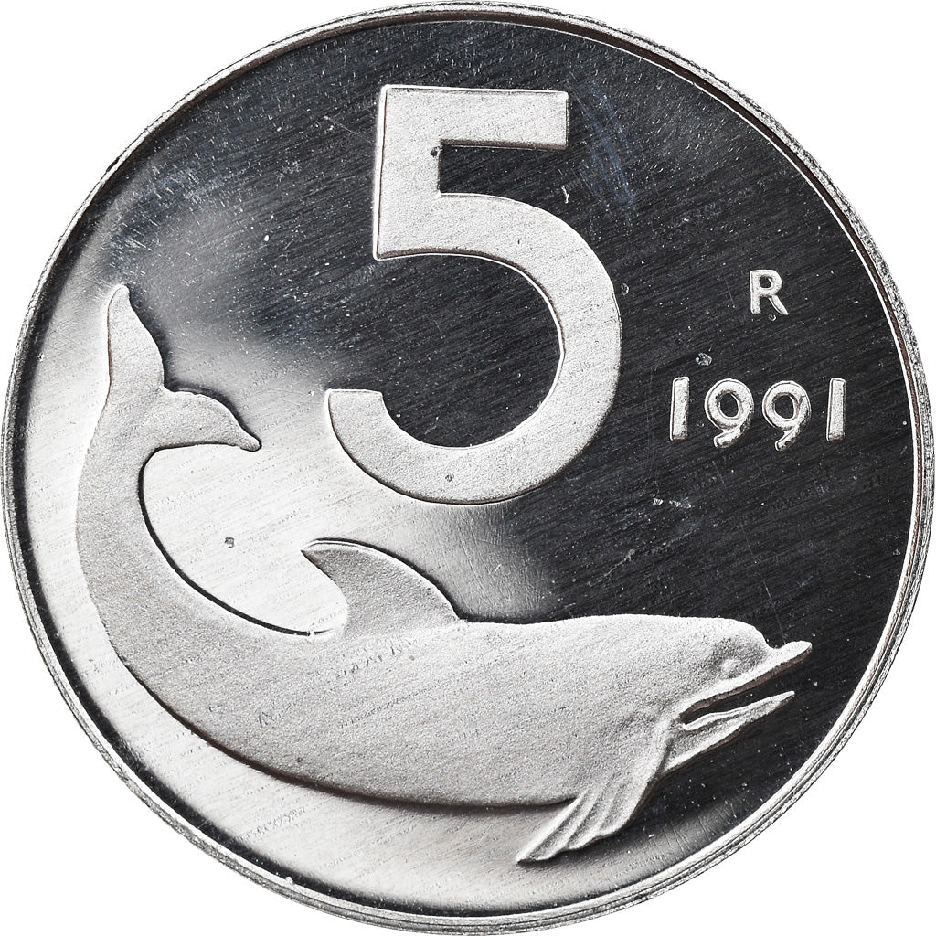 Coin, Italy, 5 Lire, 1991, Rome, Proof, MS(65-70), Aluminum, KM:92