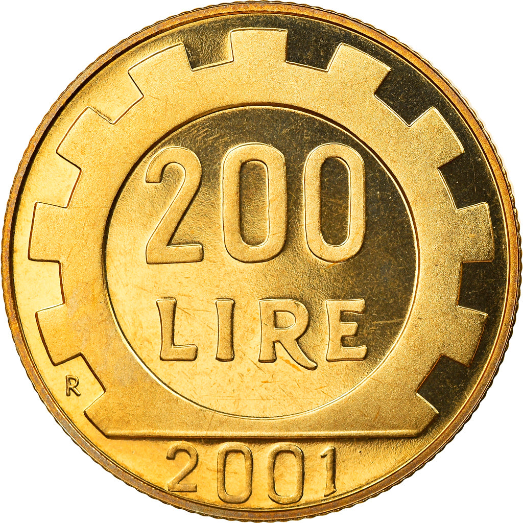 Coin, Italy, 200 Lire, 2001, Rome, Proof, MS(65-70), Aluminum-Bronze, KM:105