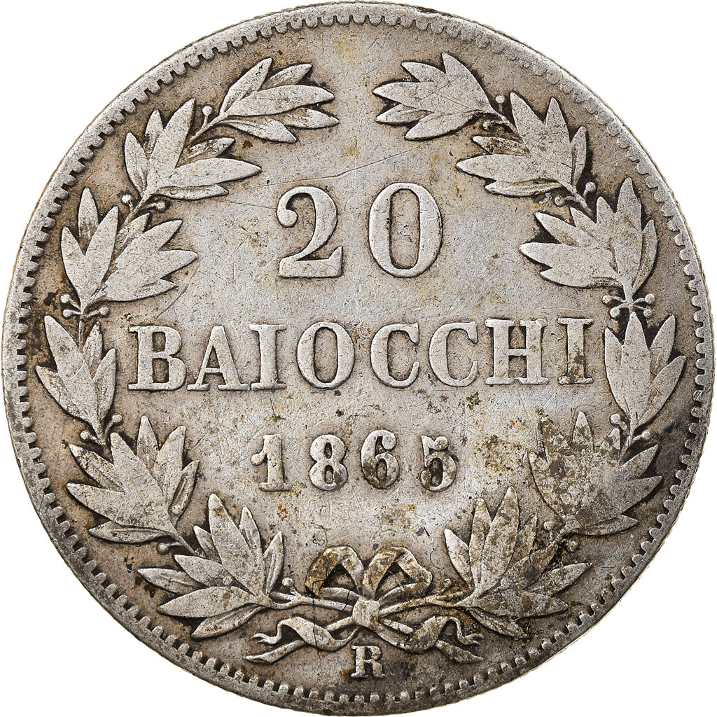 Moneda, Estados italianos, PAPAL STATES, Pius IX, 20 Baiocchi, 1865, Roma, BC+