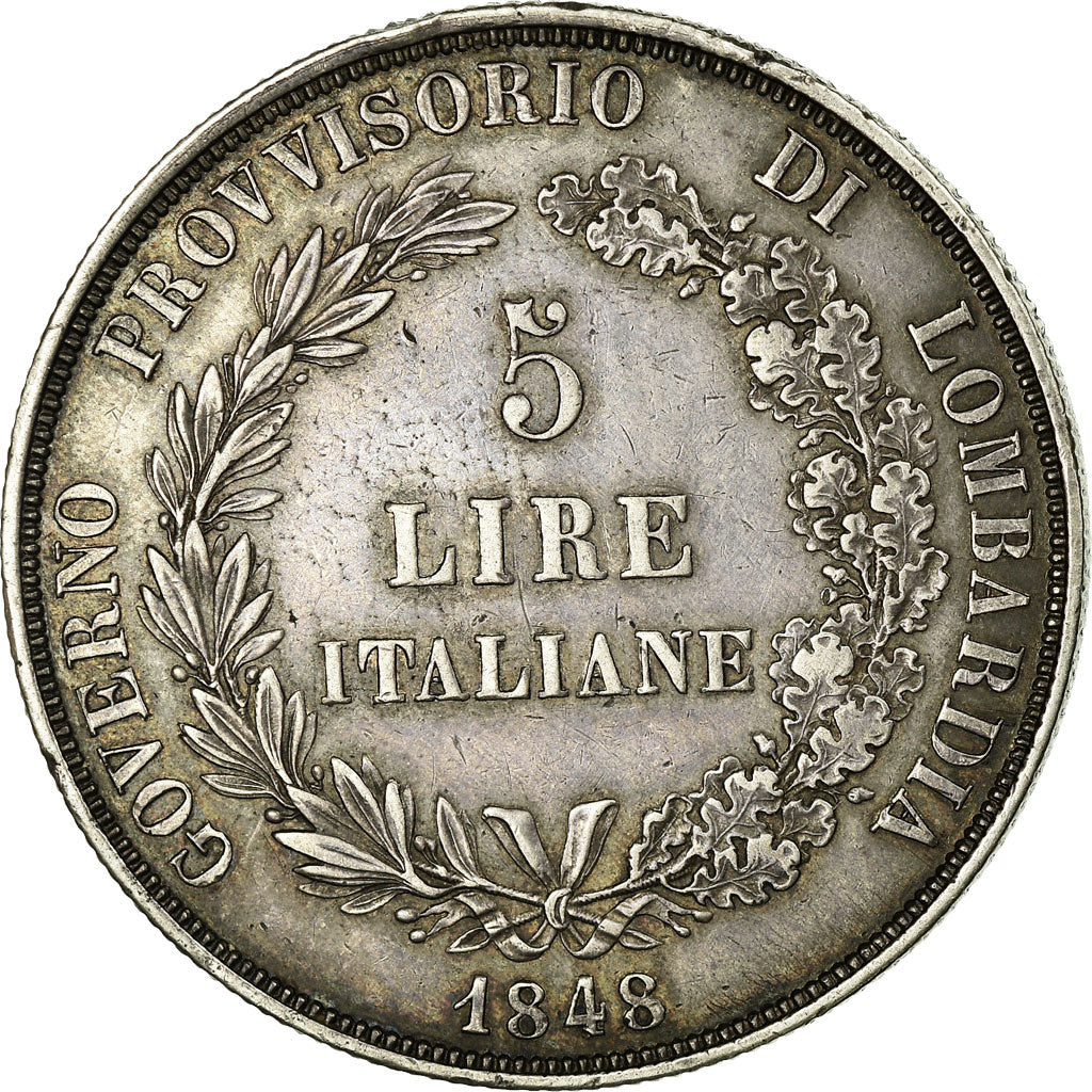 Monnaie, États italiens, LOMBARDY-VENETIA, 5 Lire, 1848, Milan, TTB+, Argent