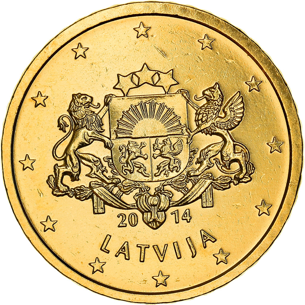 Latvia, 50 Centimes, large coat of arms of the Republic, 2014, golden, MS(63)