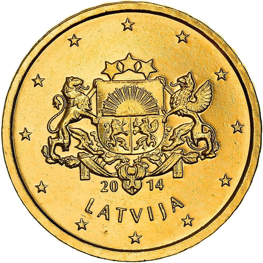 Latvia, 10 Centimes, large coat of arms of the Republic, 2014, golden, UNZ