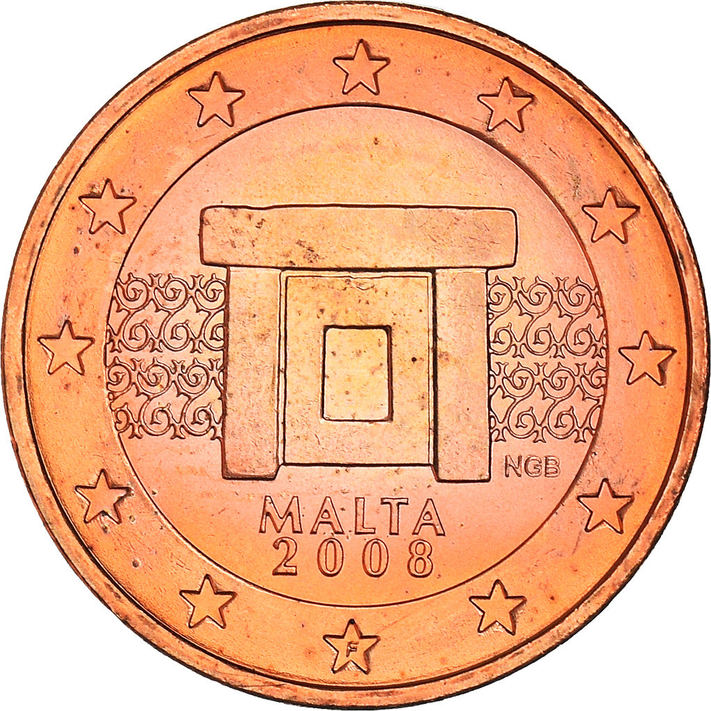 Malta, 2 Euro Cent, Mnajdra Temple Altar, 2008, MS(64), Aço Cromado a Cobre