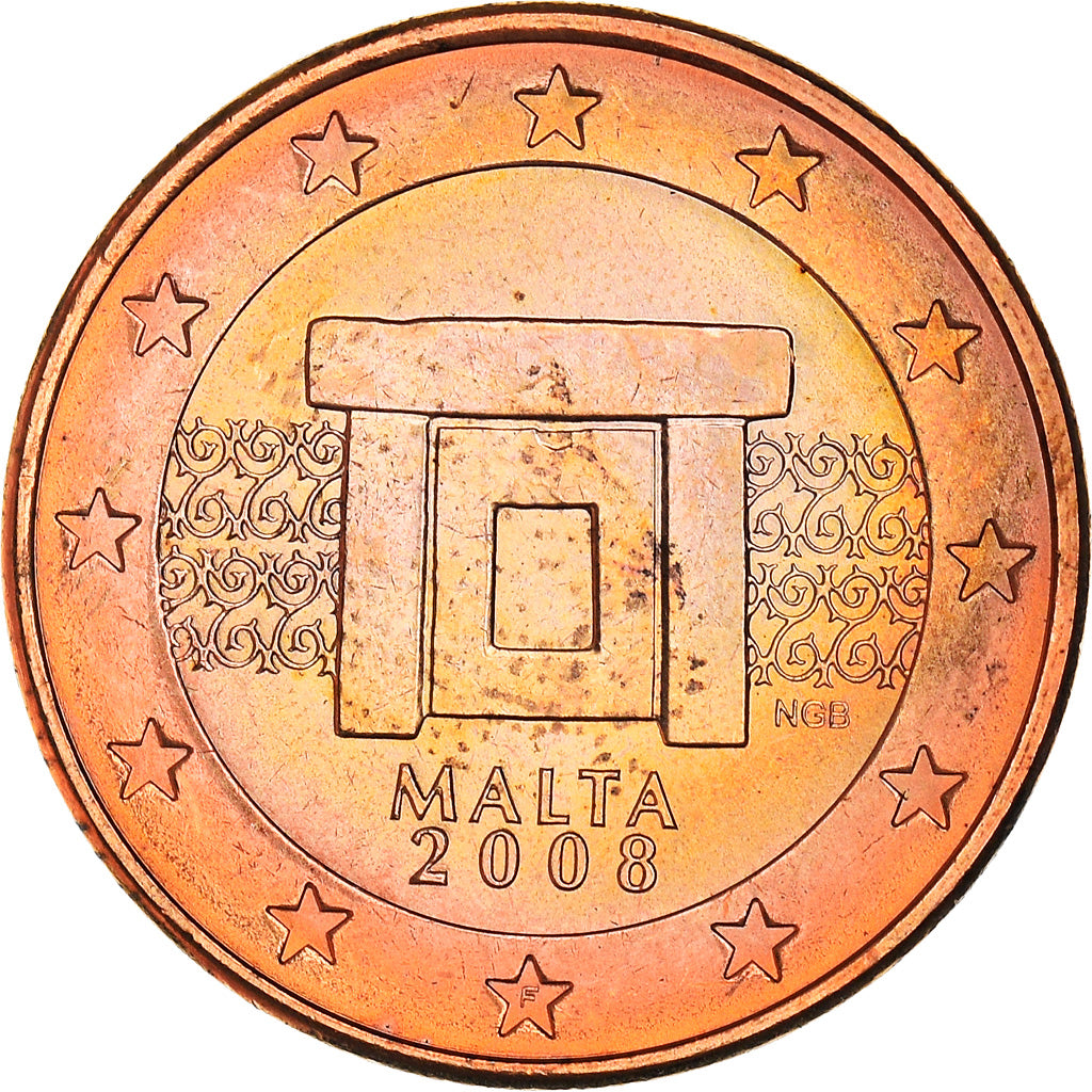 Malta, 5 Euro Cent, Mnajdra Temple Altar, 2008, MS(64), Aço Cromado a Cobre
