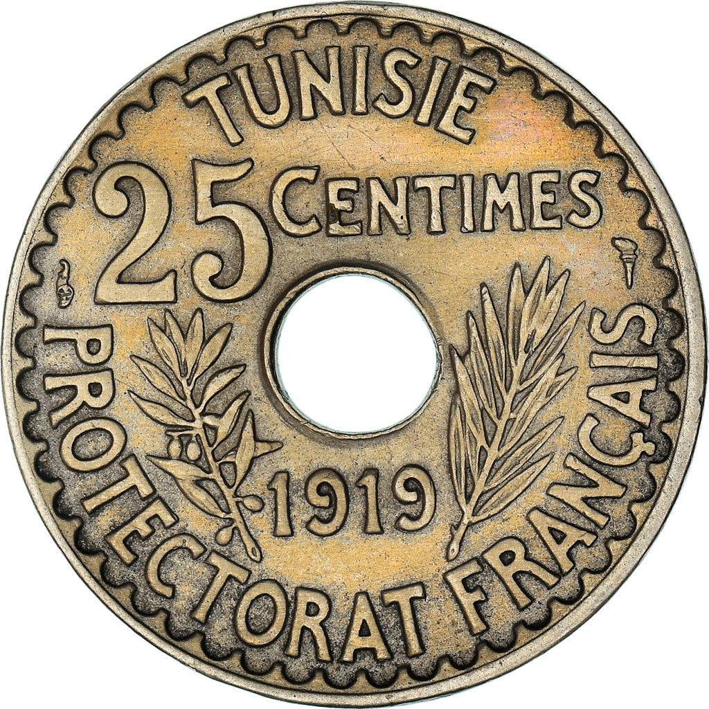 Coin, Tunisia, Muhammad al-Nasir Bey, 25 Centimes, 1919, Paris, AU(55-58)