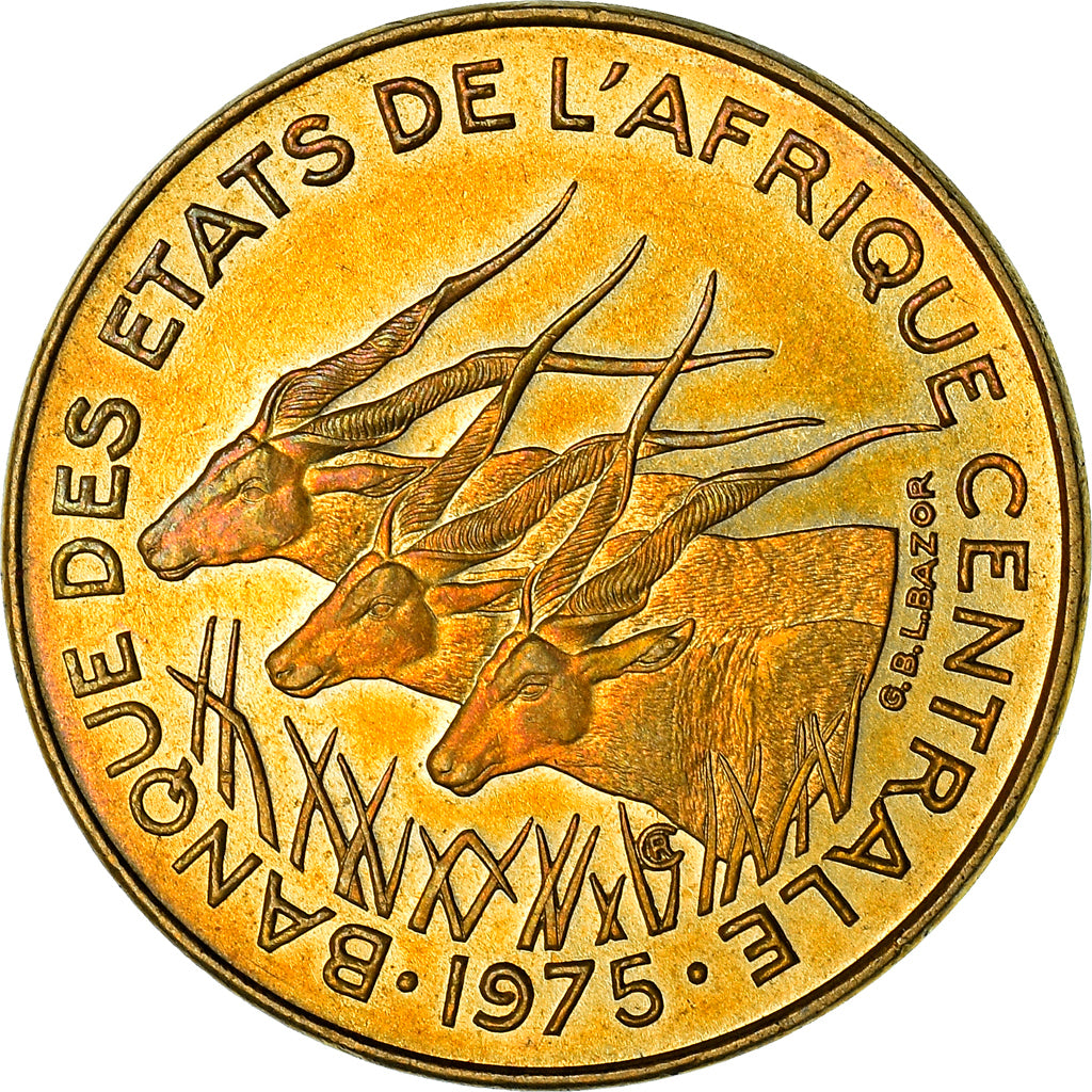 Coin, Central African States, 5 Francs, 1975, Paris, AU(55-58), Aluminum-Bronze