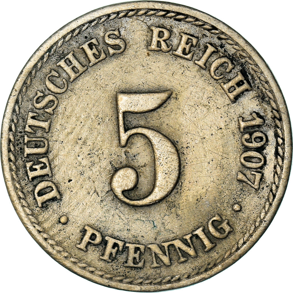 Coin, GERMANY - EMPIRE, Wilhelm II, 5 Pfennig, 1907, Berlin, VF(30-35)