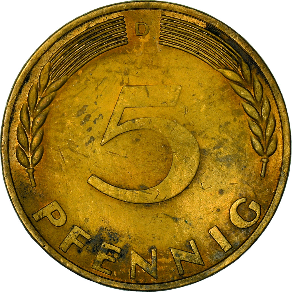 Coin, GERMANY - FEDERAL REPUBLIC, 5 Pfennig, 1970, Munich, EF(40-45), Brass Clad