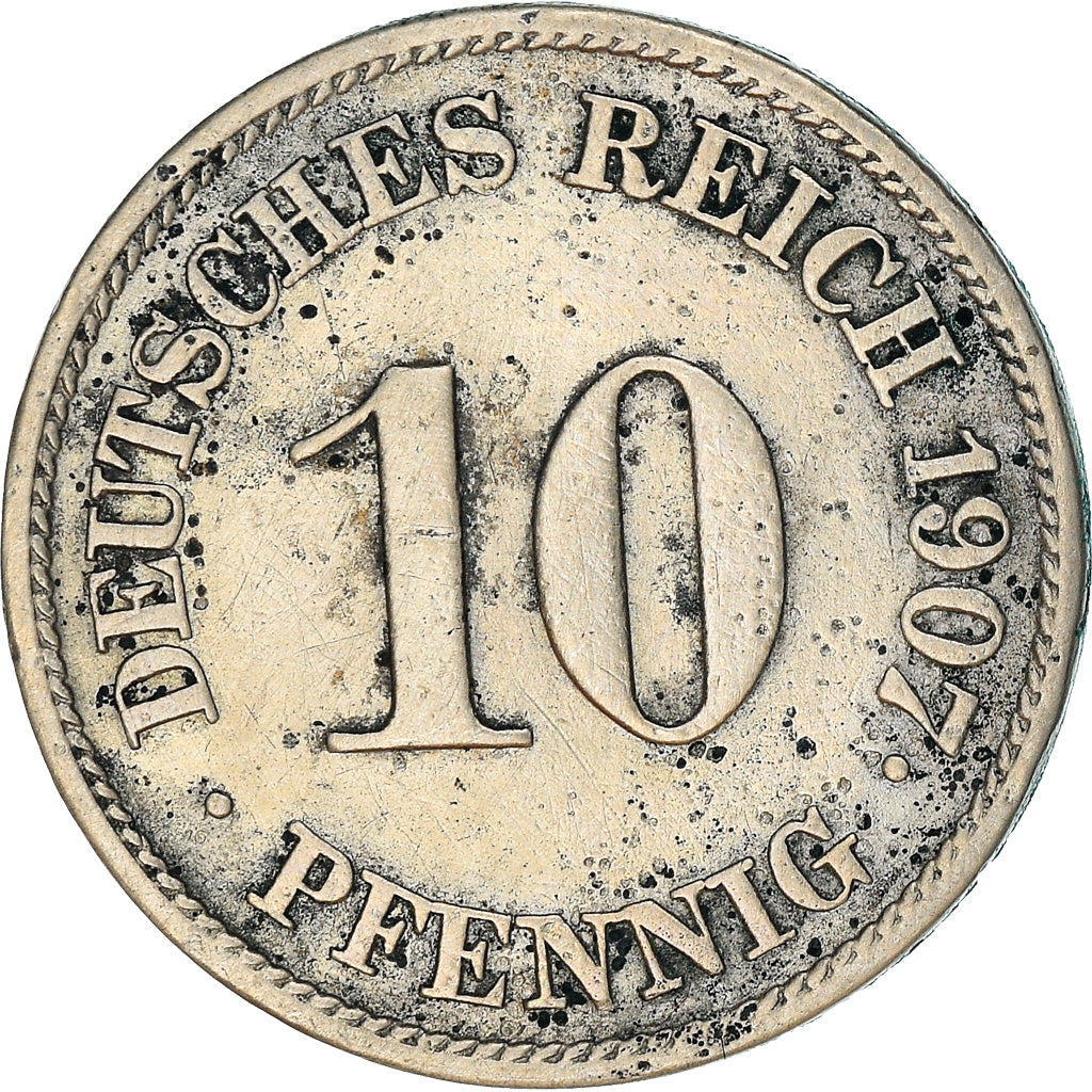 Coin, GERMANY - EMPIRE, Wilhelm II, 10 Pfennig, 1907, Stuttgart, VG(8-10)
