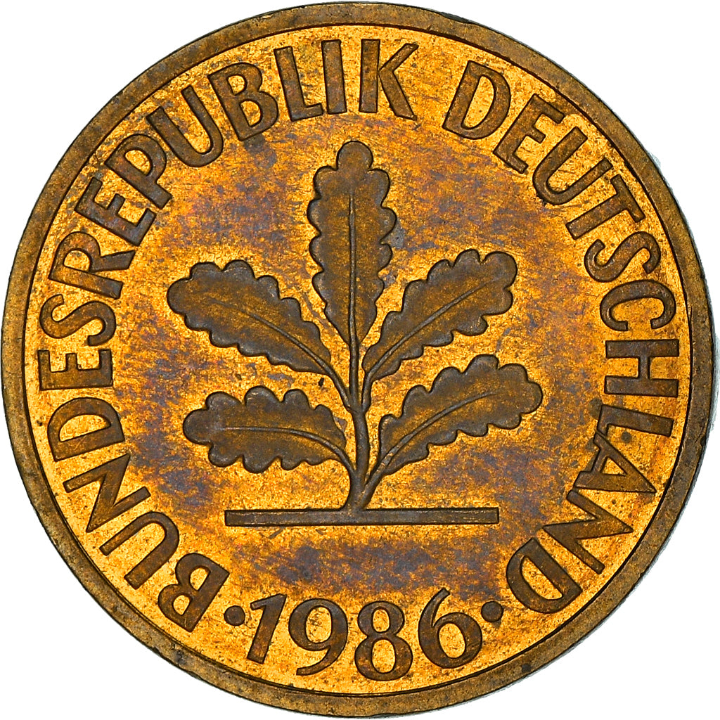 Coin, GERMANY - FEDERAL REPUBLIC, 10 Pfennig, 1986, Karlsruhe, EF(40-45), Brass