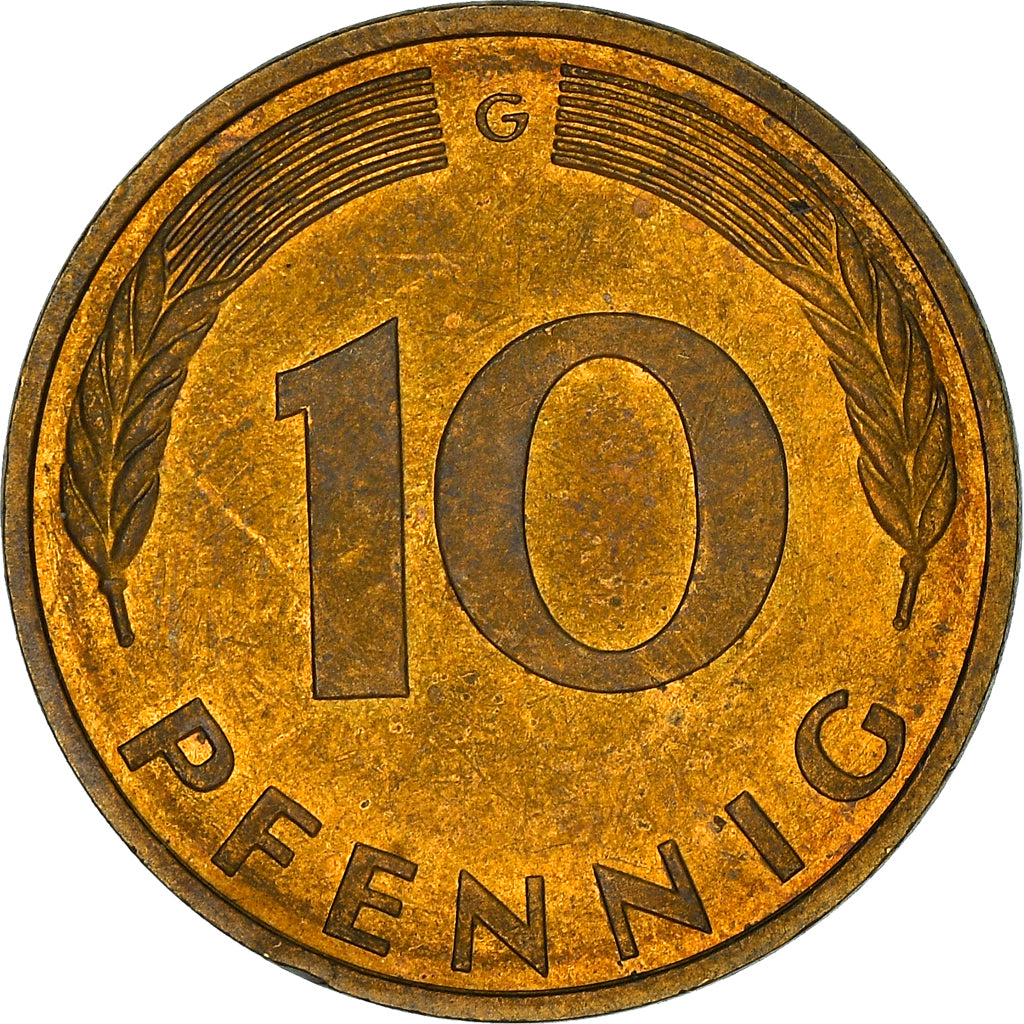 Coin, GERMANY - FEDERAL REPUBLIC, 10 Pfennig, 1986, Karlsruhe, EF(40-45), Brass