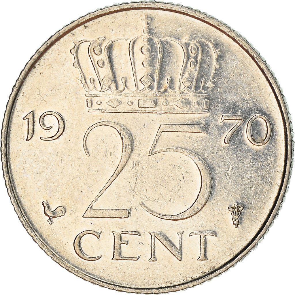 Coin, Netherlands, Juliana, 25 Cents, 1970, AU(50-53), Nickel, KM:183