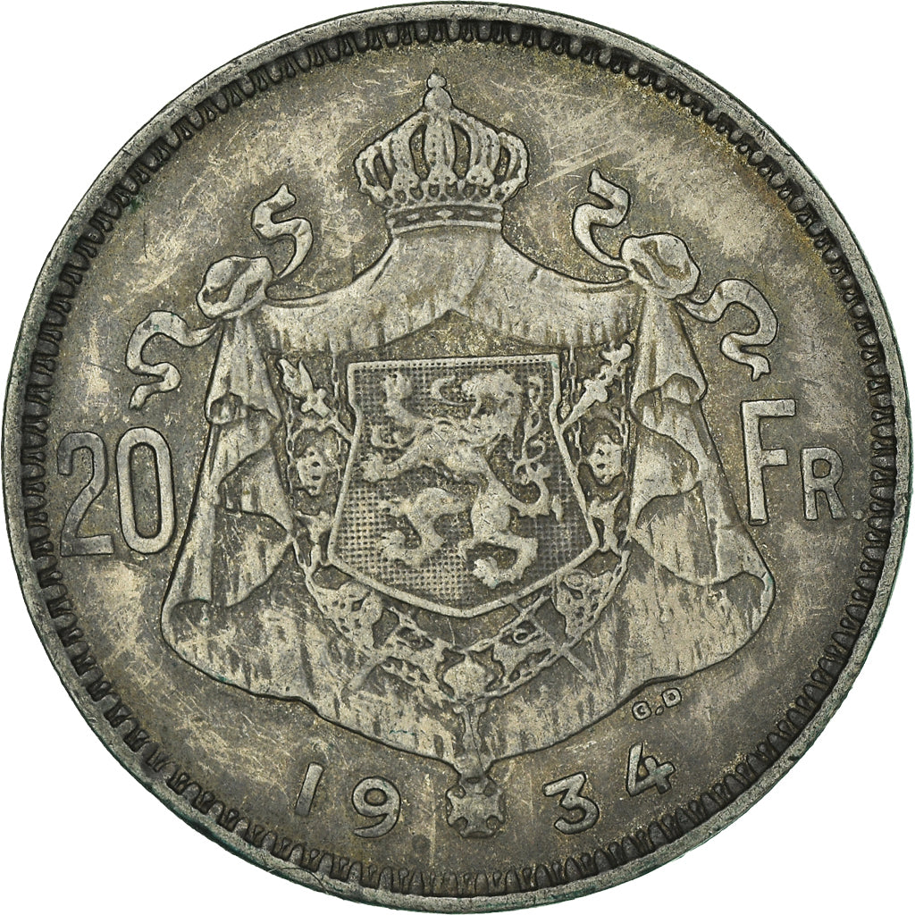 Coin, Belgium, 20 Francs, 20 Frank, 1934, EF(40-45), Silver, KM:104.1