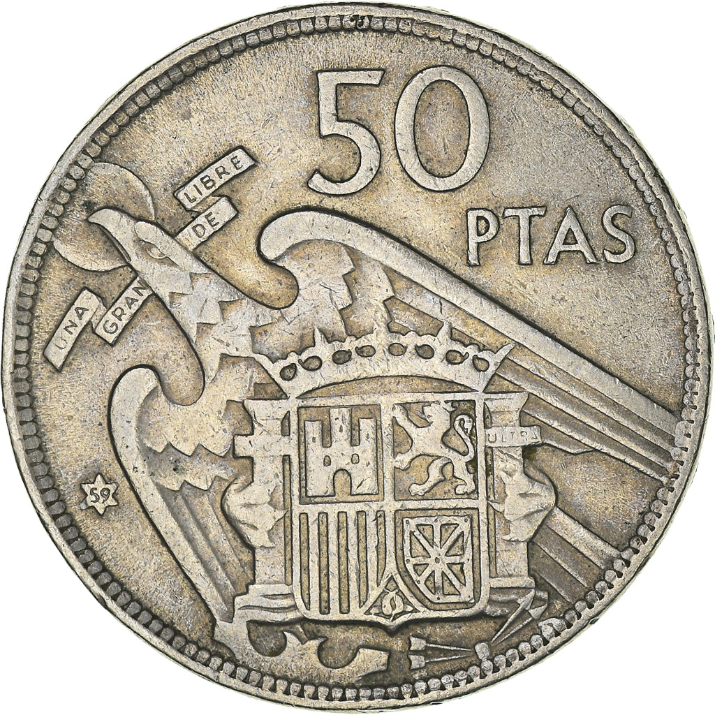 Moeda, Espanha, Caudillo and regent, 50 Pesetas, 1957, VF(30-35), Cobre-níquel