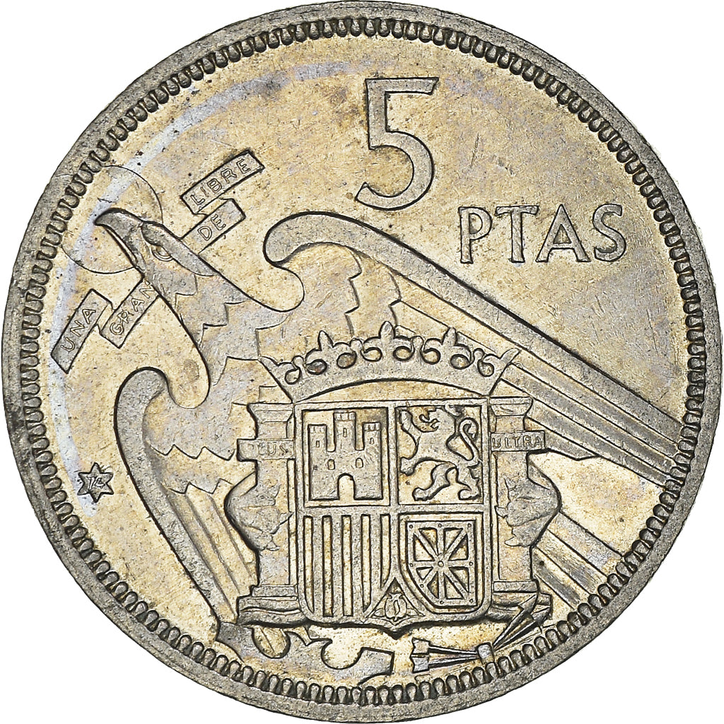 Moeda, Espanha, Caudillo and regent, 5 Pesetas, 1974, AU(50-53), Cobre-níquel