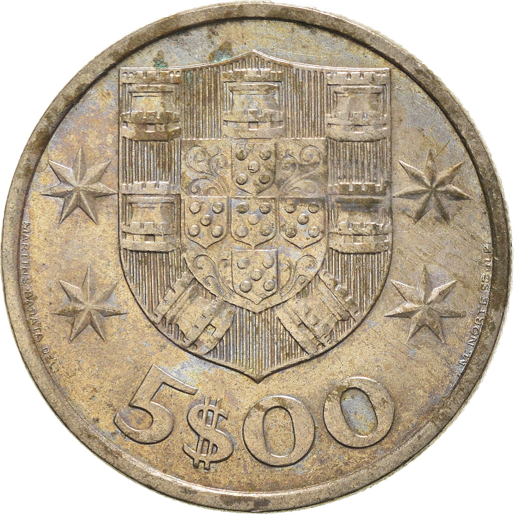 Moneta, Portugal, 5 Escudos, 1984, AU(50-53), Miedź-Nikiel, KM:591