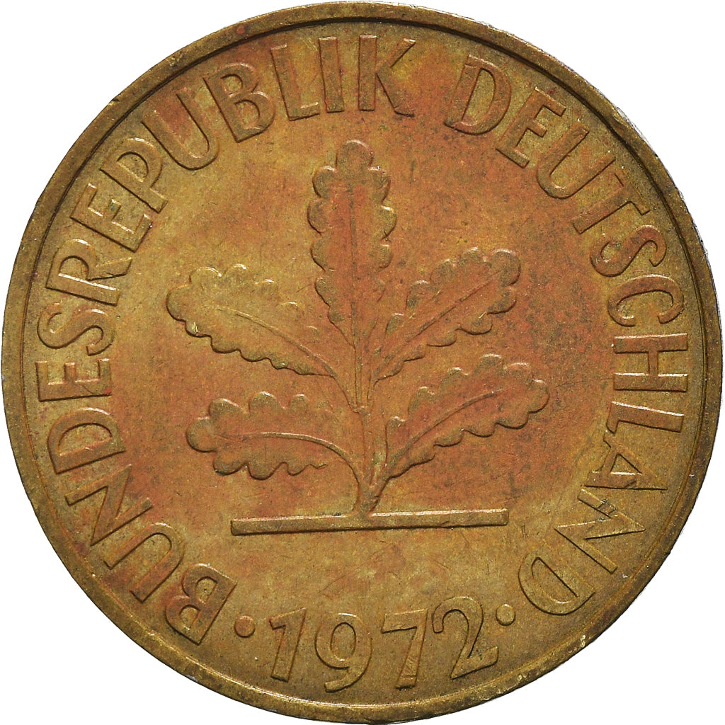 Moneda, ALEMANIA - REPÚBLICA FEDERAL, 10 Pfennig, 1972, Karlsruhe, MBC, Latón
