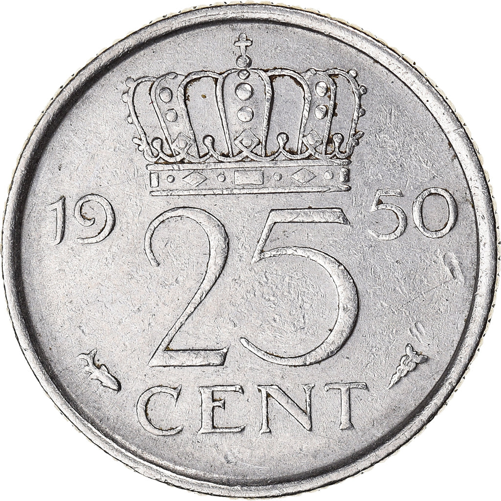 Coin, Netherlands, Juliana, 25 Cents, 1950, AU(50-53), Nickel, KM:183