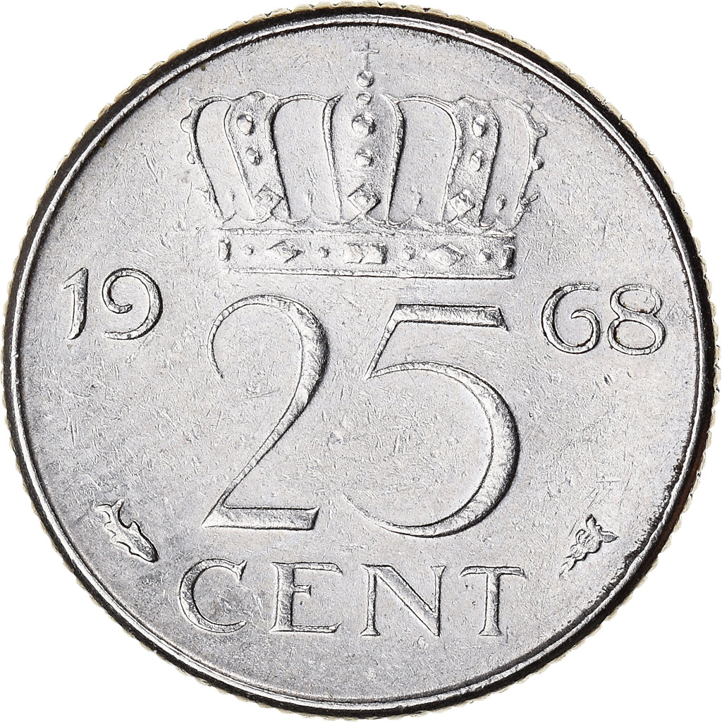Coin, Netherlands, Juliana, 25 Cents, 1968, EF(40-45), Nickel, KM:183