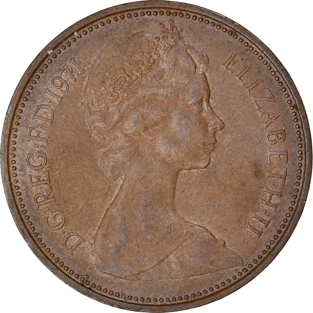 Coin, Great Britain, Elizabeth II, 2 New Pence, 1971, AU(50-53), Bronze, KM:916