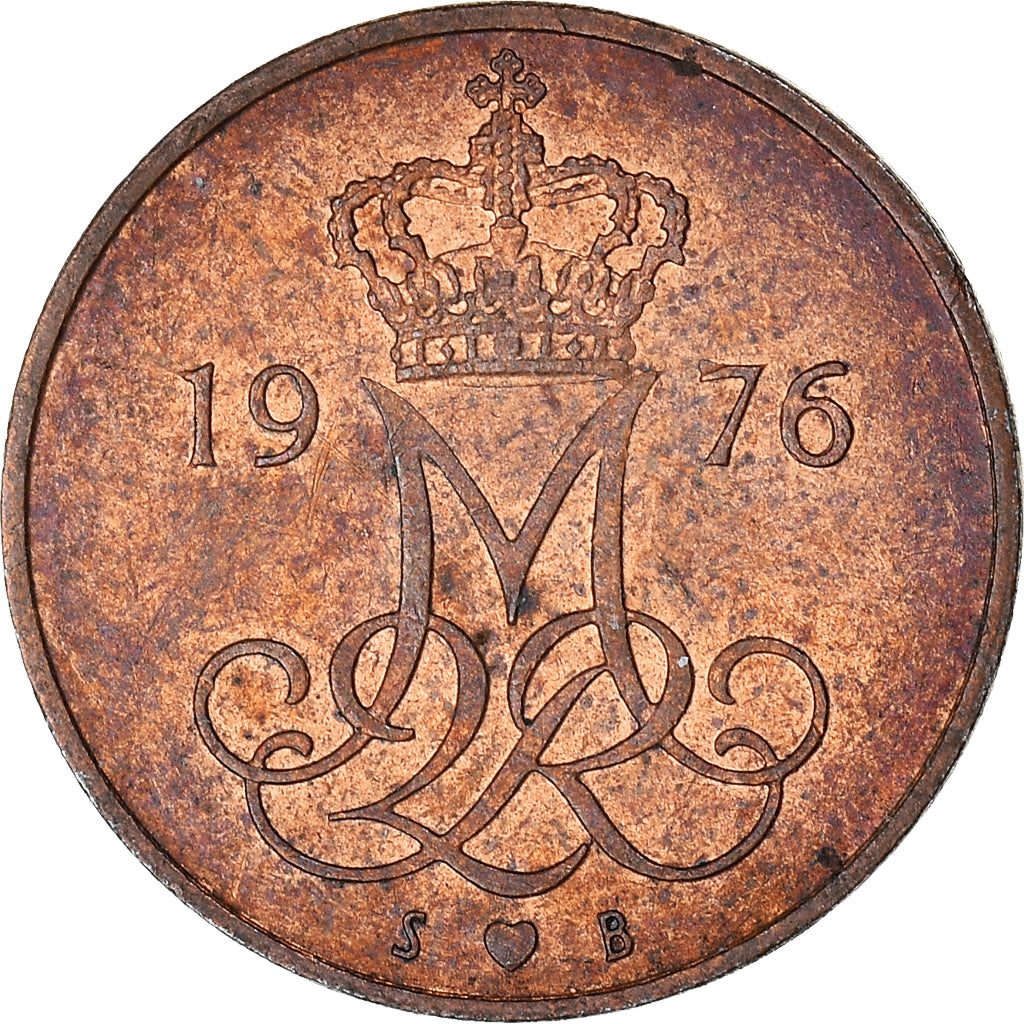 Moneta, Danimarca, Margrethe II, 5 Öre, 1976, Copenhagen, MB+, Ferro placcato