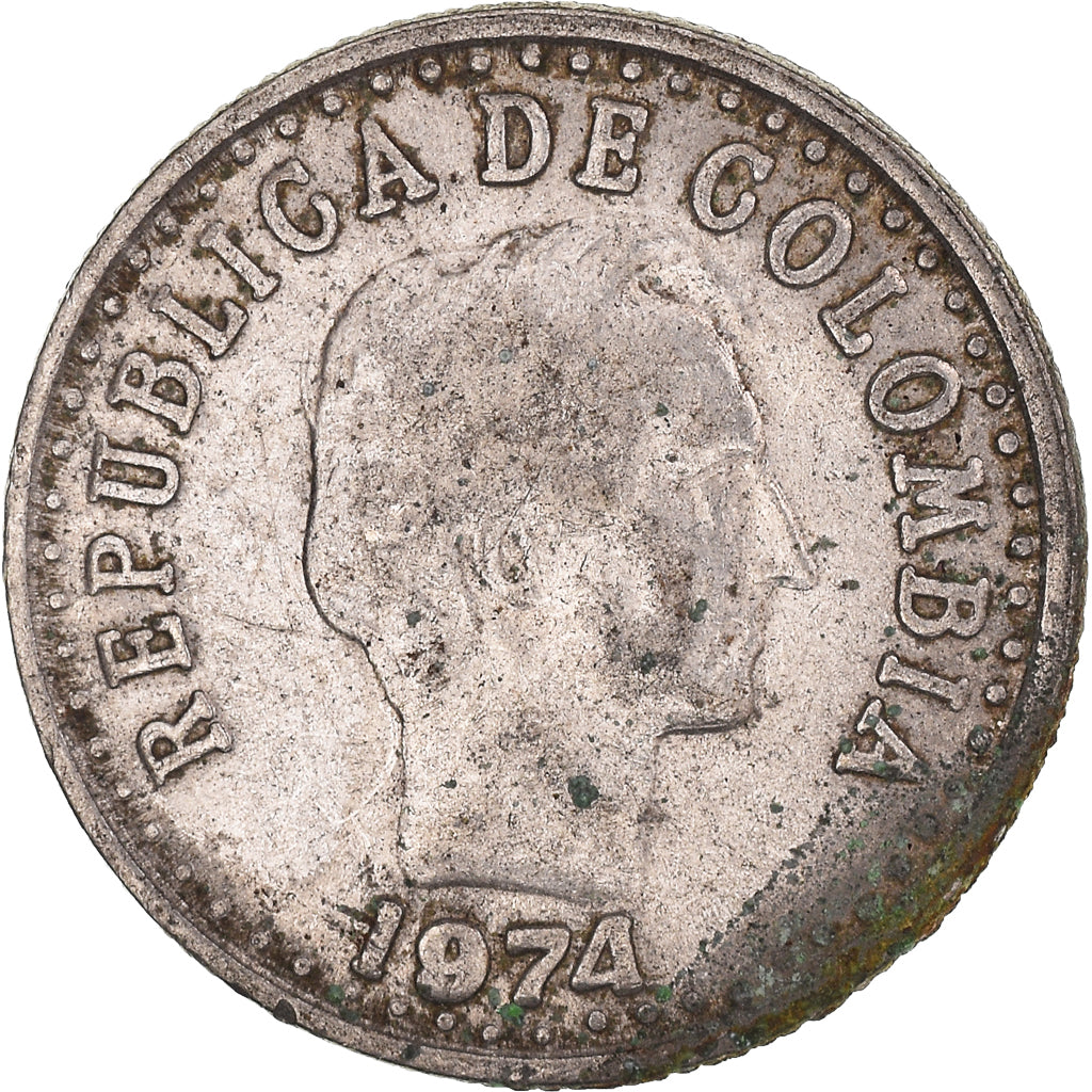 Moneda, Colombia, 20 Centavos, 1974, MBC, Níquel recubierto de acero, KM:246.1