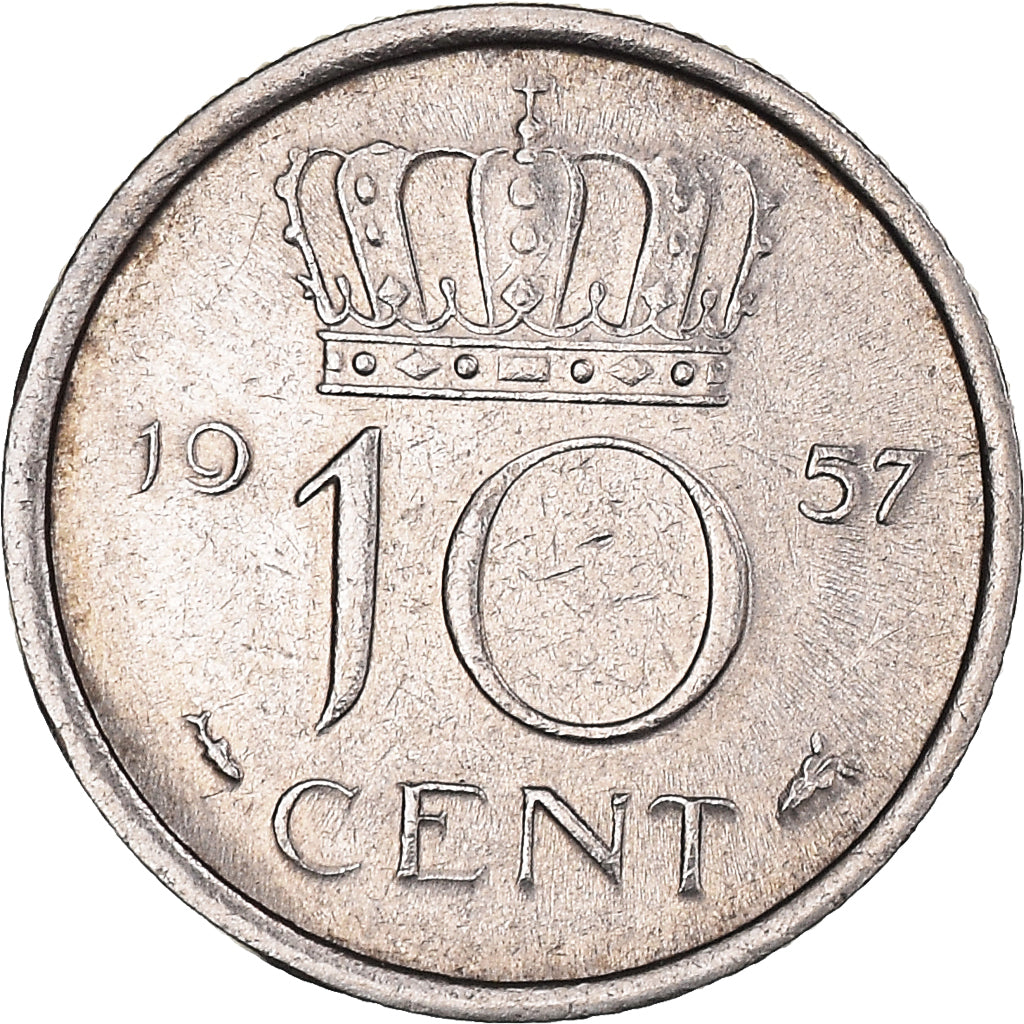 Coin, Netherlands, Juliana, 10 Cents, 1957, AU(50-53), Nickel, KM:182