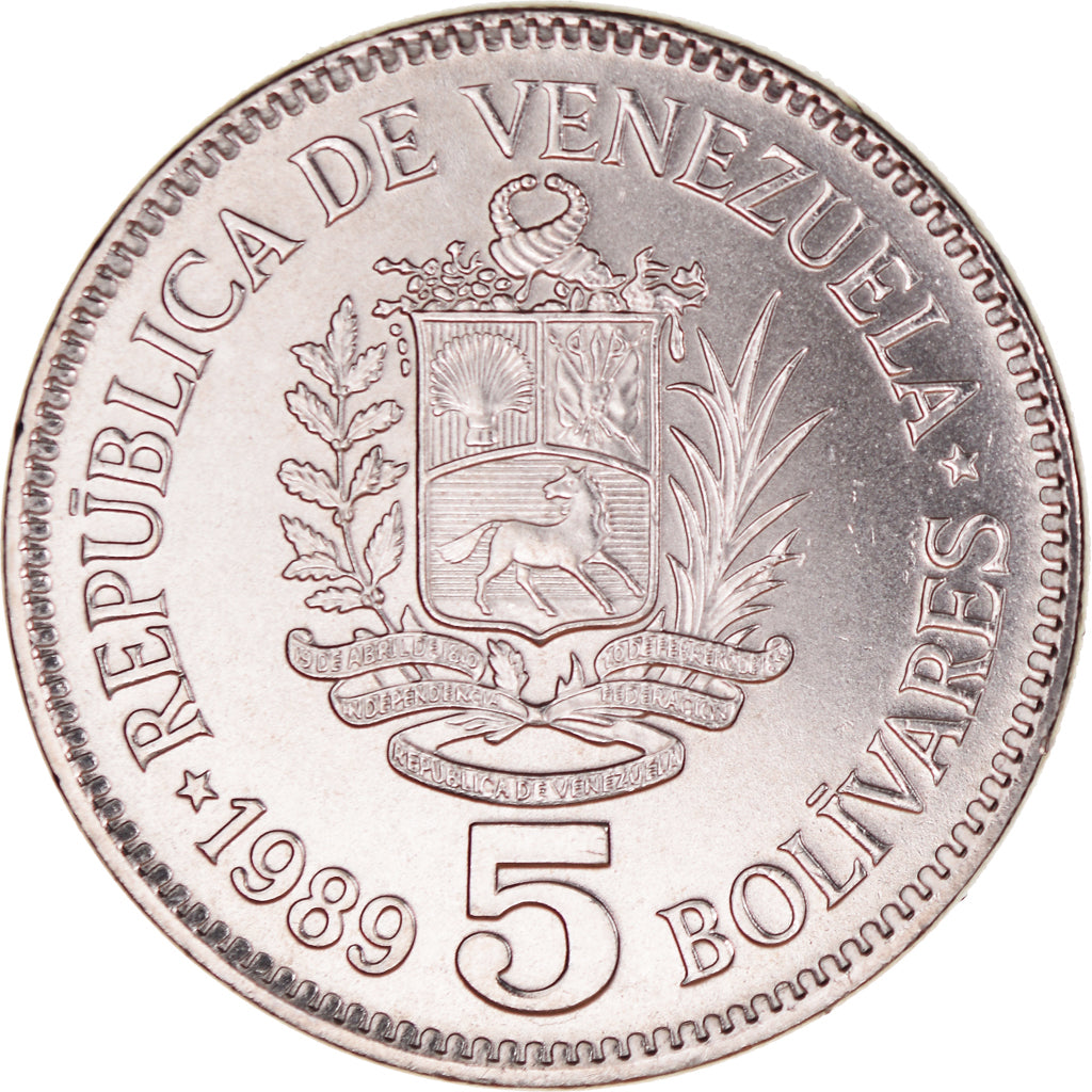 Moeda, Venezuela, 5 Bolivares, 1989, Werdohl, MS(64), Aço Revestido a Níquel