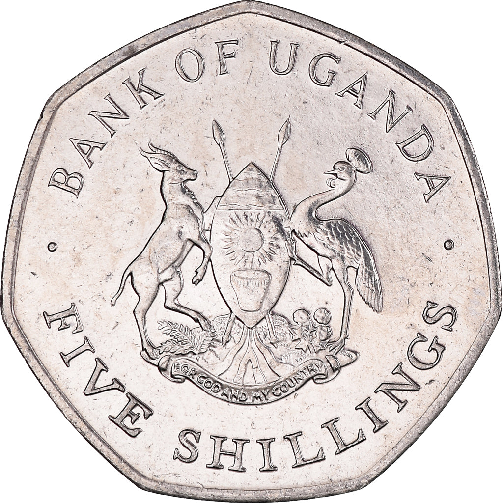 Coin, Uganda, 5 Shillings, 1987, MS(64), Nickel plated steel, KM:29