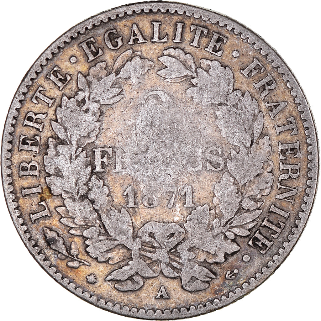Moneta, Francia, Cérès, 2 Francs, 1871, Paris, MB, Argento, KM:817.1