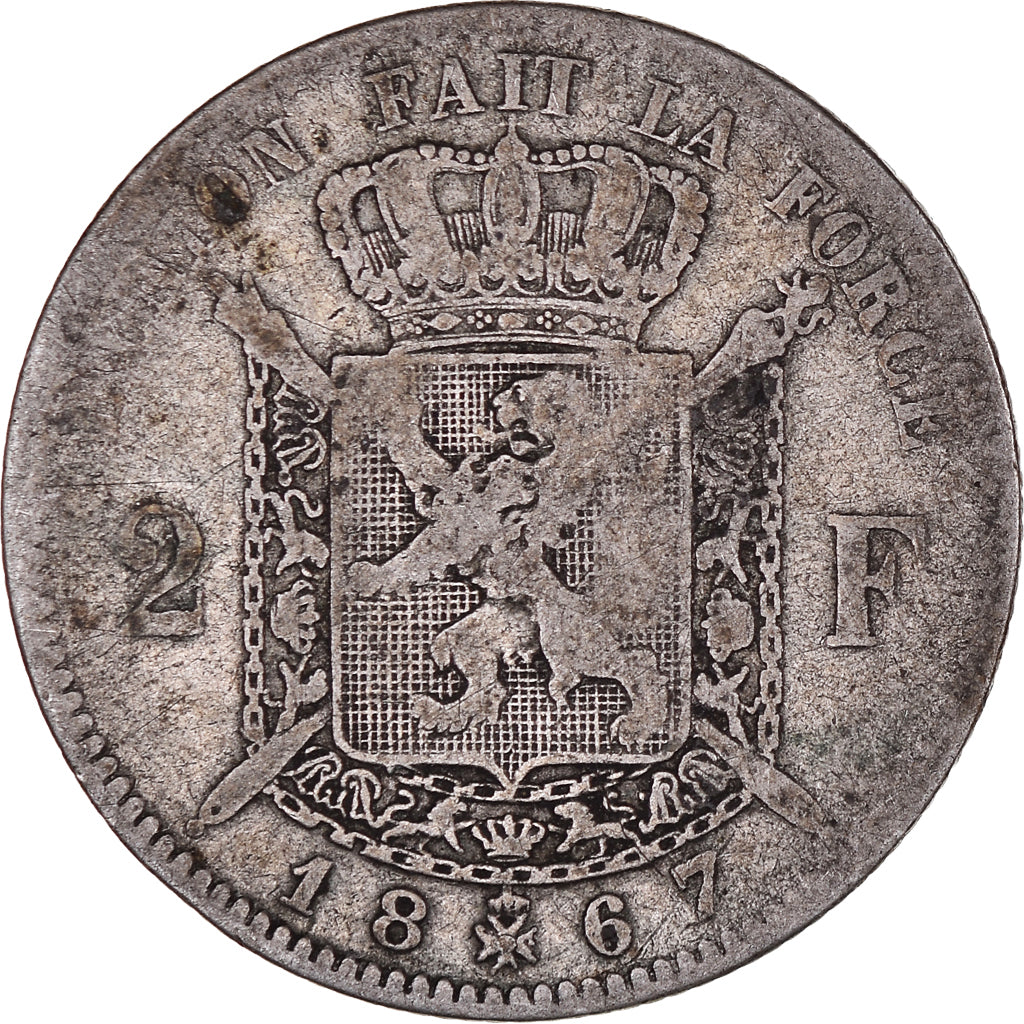 Moneda, Bélgica, Leopold II, 2 Francs, 2 Frank, 1867, BC+, Plata, KM:30.1