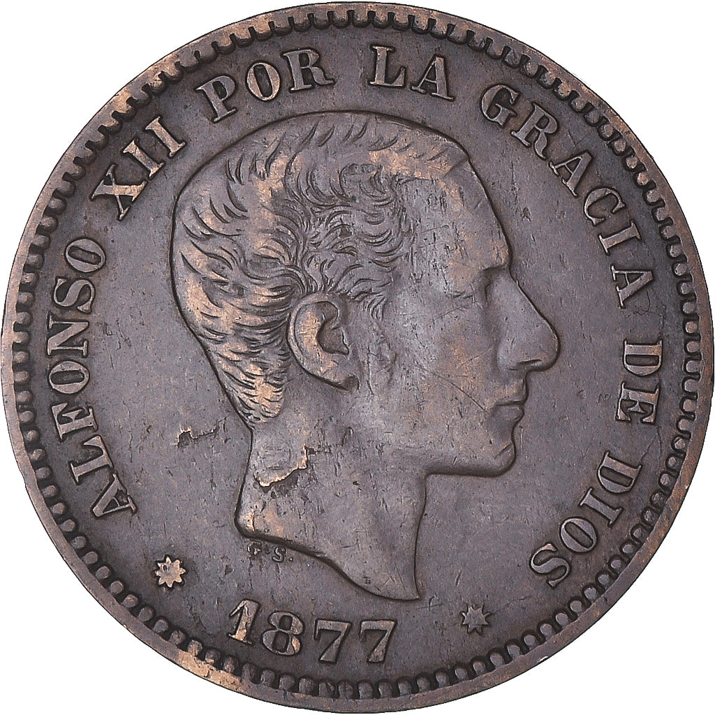 Munten, Spanje, Alfonso XII, 5 Centimos, 1877, Barcelona, ZF+, Bronzen, KM:674