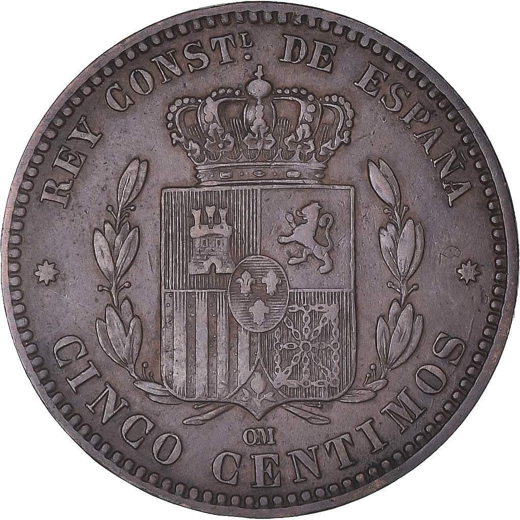 Munten, Spanje, Alfonso XII, 5 Centimos, 1877, Barcelona, ZF+, Bronzen, KM:674