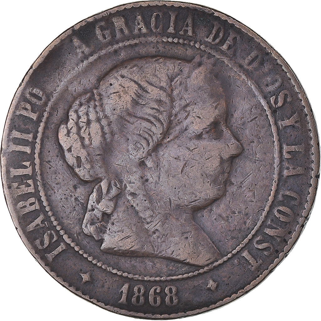 Moeda, Espanha, Isabel II, 5 Centimos, 1868, Barcelona, VF(20-25), Cobre