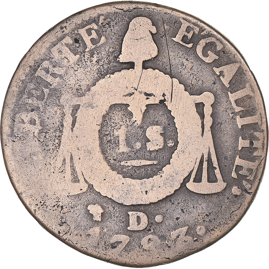 Coin, France, Sol aux balances françoise, Sol, 1793, Dijon, D.,VF(20-25), Bronze