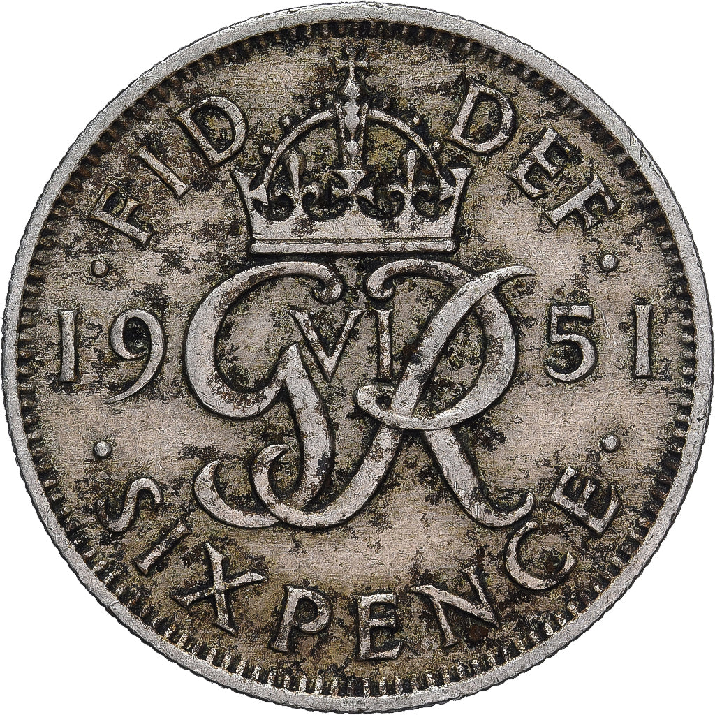 Coin, Great Britain, George VI, 6 Pence, 1951, VF(20-25), Copper-nickel, KM:875