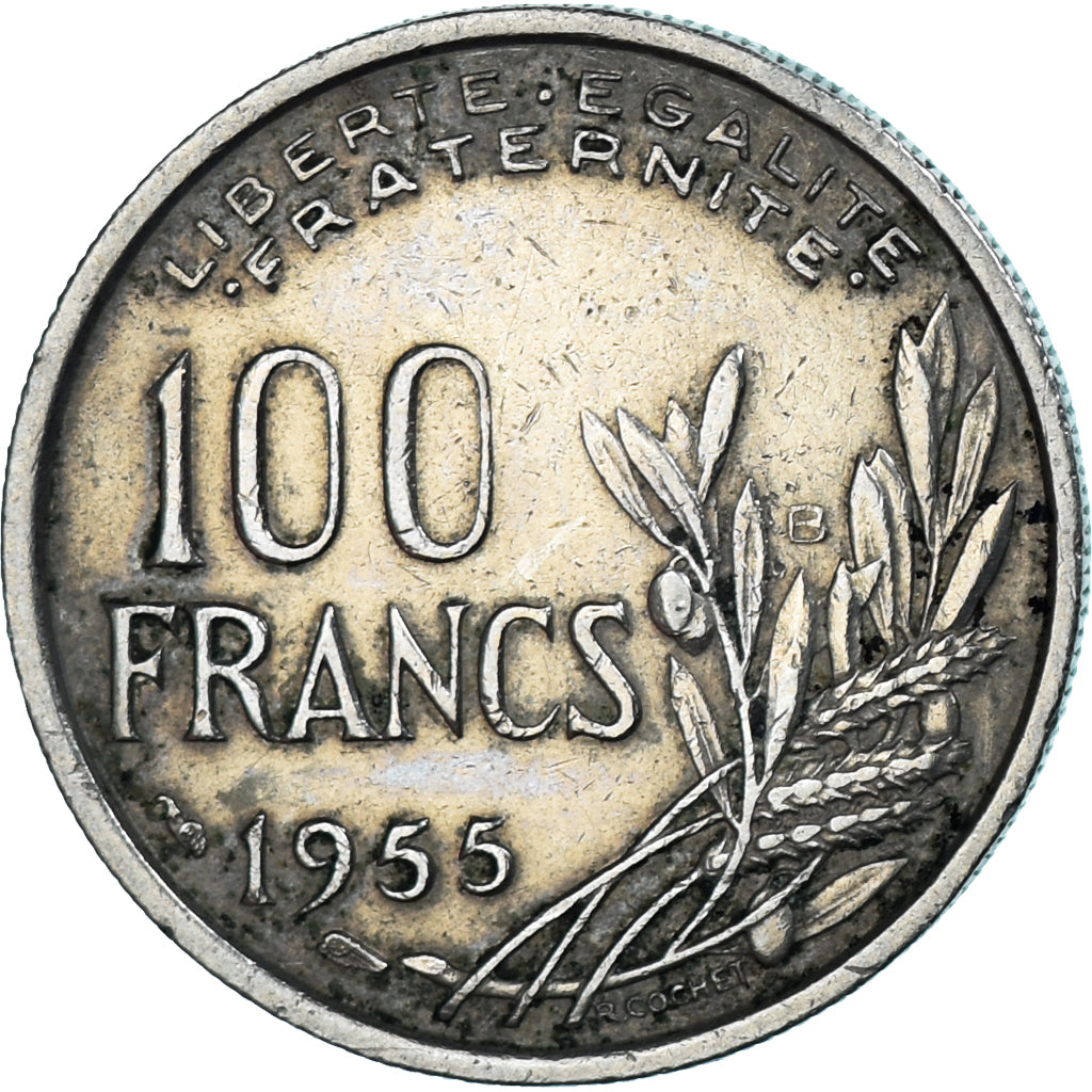 Moneda, Francia, Cochet, 100 Francs, 1955, Beaumont - Le Roger, BC+, Cobre -