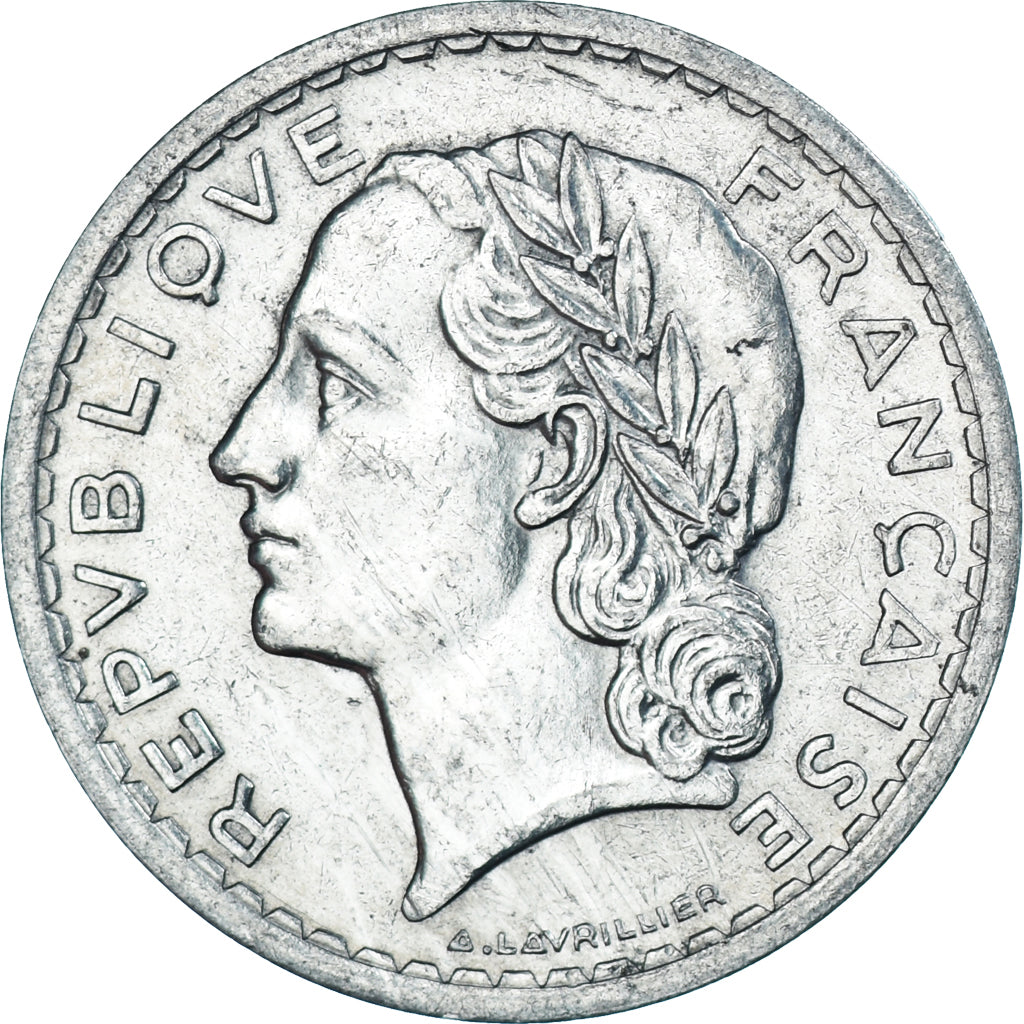 Moneda, Francia, Lavrillier, 5 Francs, 1945, Paris, MBC, Aluminio - bronce