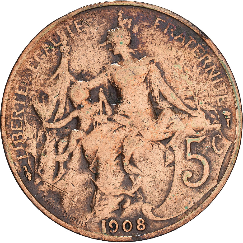 Moneta, Francja, Dupuis, 5 Centimes, 1908, Paris, VF(20-25), Brązowy, KM:842