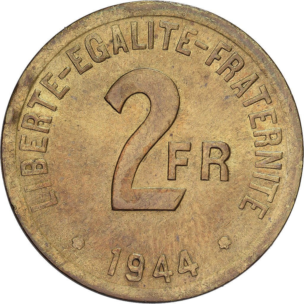 Coin, France, France Libre, 2 Francs, 1944, Philadelphia, AU(50-53), Brass