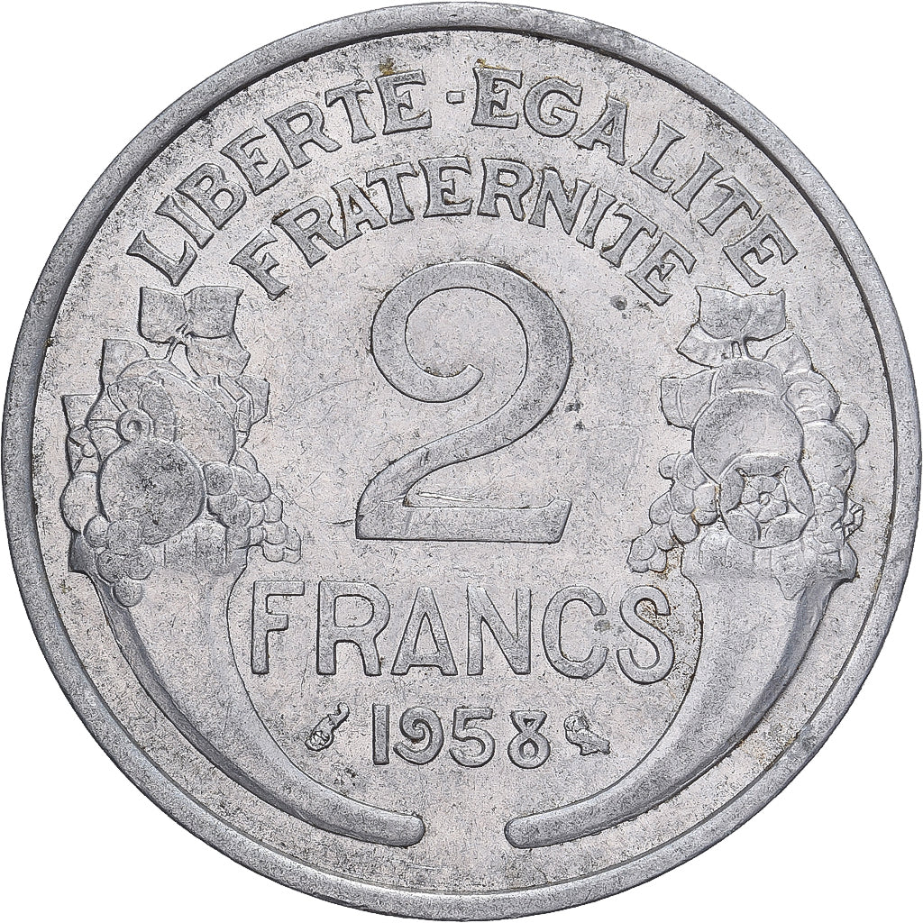 Moneda, Francia, Morlon, 2 Francs, 1958, Paris, MBC+, Aluminio, KM:886a.1