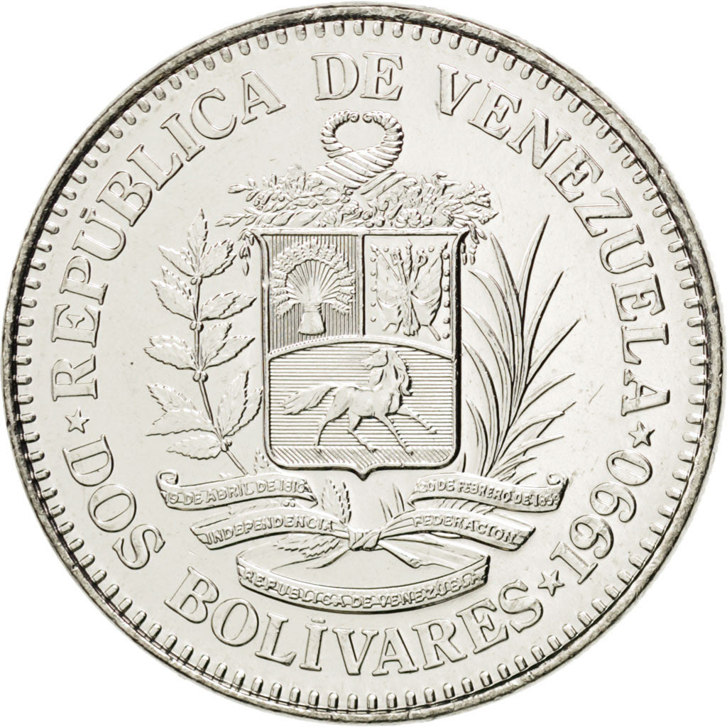 Moneda, Venezuela, 2 Bolivares, 1990, SC, Níquel recubierto de acero, KM:43a.1
