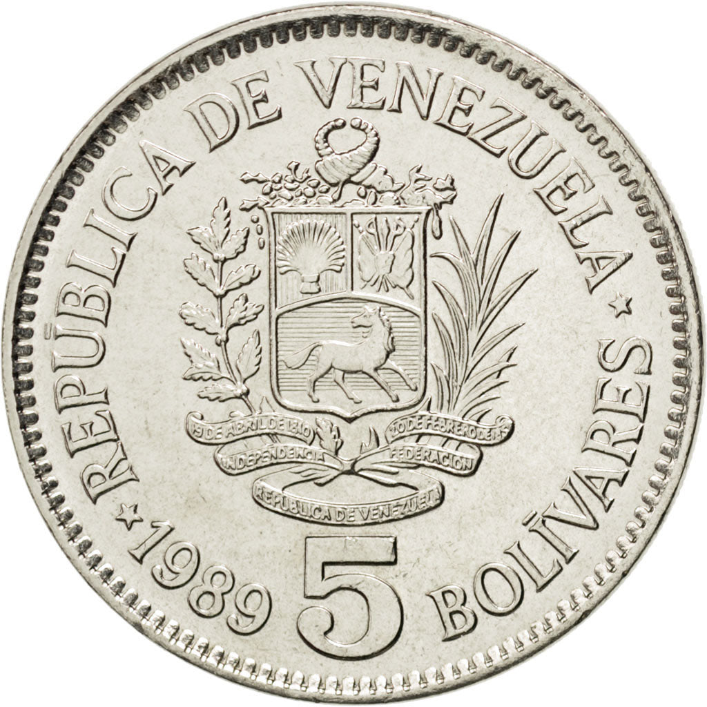 Coin, Venezuela, 5 Bolivares, 1989, MS(63), Nickel Clad Steel, KM:53a.1