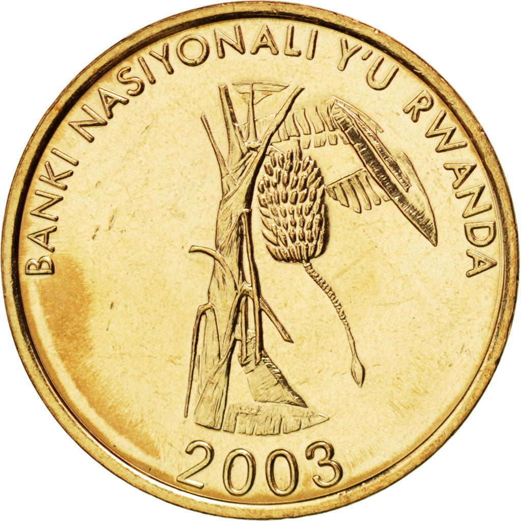 Coin, Rwanda, 10 Francs, 2003, MS(63), Brass plated steel, KM:24